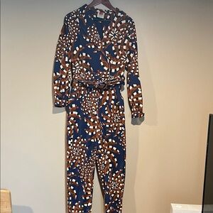 Farm Rio Women's Blue and Brown Long-Sleeve Jumpsuit with Belt